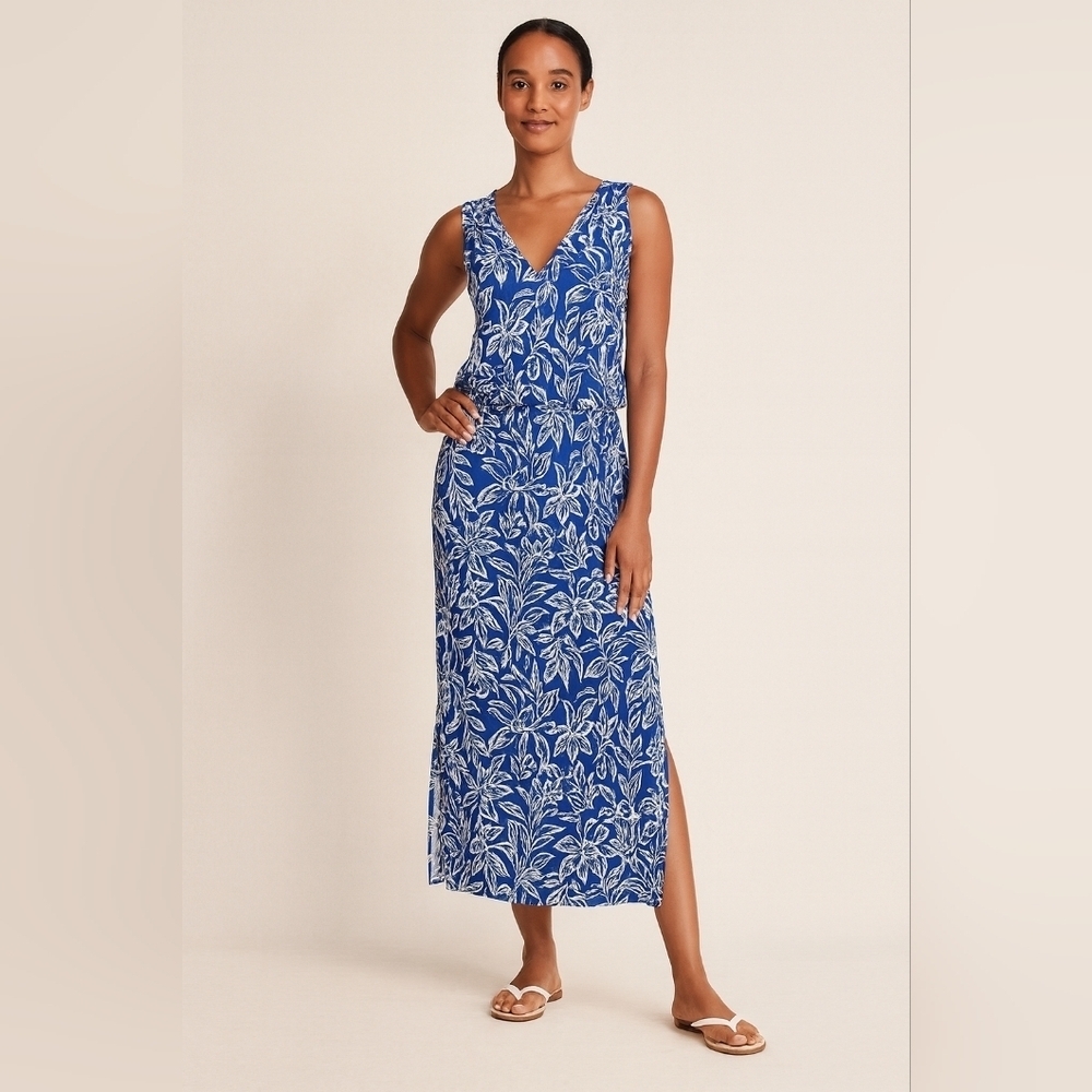 Tommy Bahama Mar-A-Sketch Maxi Dress Tropical Floral Viscose Blue White Sz Small